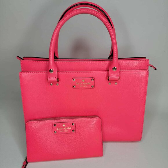 Kate Spade Bright Pink Leather Handbag and Matching Leather Purse NEAR MINT! - Picture 1 of 16